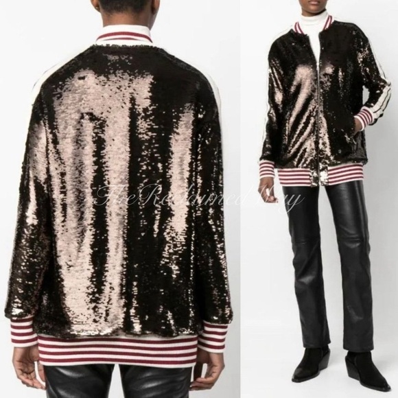 Palm Angels Sequin Track Jacket Zip Up Striped Oversized Coat Chocolate Brown - Picture 7 of 17